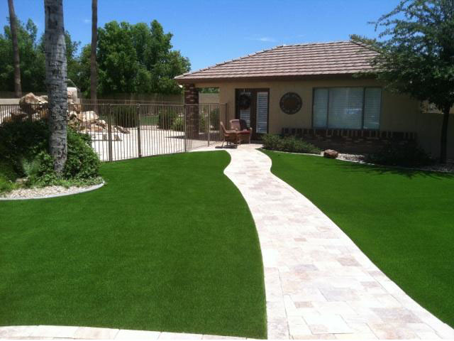 Fake Grass Fullerton, California Paver Patio, Small Front Yard Landscaping